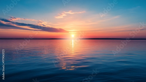 A vibrant sunset over a calm body of water, the sun reflecting on the surface.