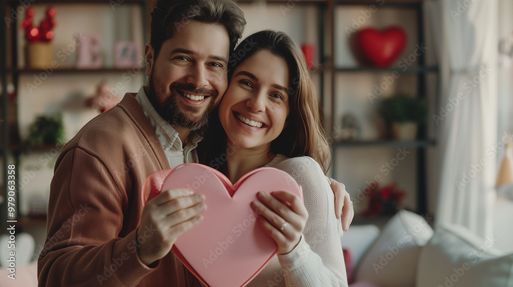 Young lovely couple together at home spending weekend and holidays together. Beautiful woman and man holding pink heart card banner Young lovely couple together at home spending weekend and holidays together. Beautiful woman and man holding pink heart card banner
