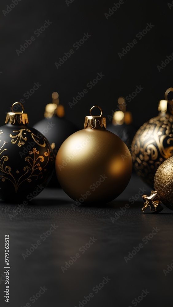 Sophisticated Matte Black and Gold Christmas Ornaments on a Minimalist Background Sophisticated Matte Black and Gold Christmas Ornaments on a Minimalist Background