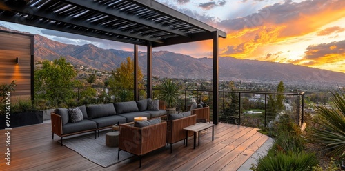 A modern pergola and sunroom on a mountain house patio, modern, pergola, sunroom, mountain house, patio. photo