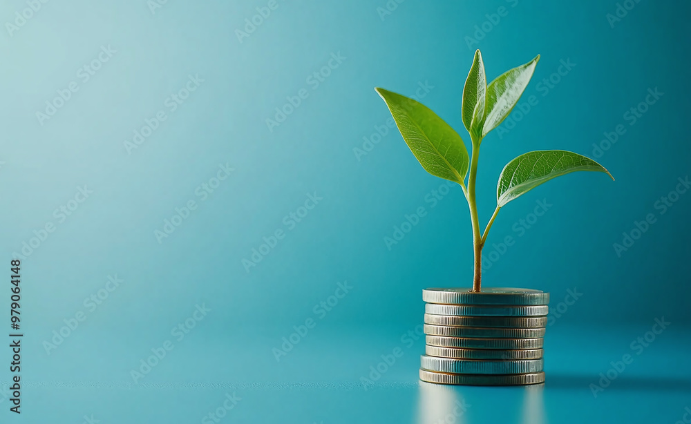 Floating coins with a green plant growing on top, against a dark blue background. This image was the winner of a business concept stock photo contest.. Floating coins with a green plant growing on top, against a dark blue background. This image was the winner of a business concept stock photo contest..