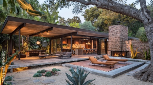 An urban suburban house with a mid-century modern design, featuring an outdoor covered patio that flows seamlessly into the indoor living area