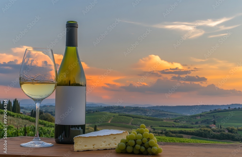 Fototapeta premium Winemaking in 3D with grapes, cheeses, a bottle of white wine, a glass of vine on a wooden table. Vineyard landscape, rows of grapevines, a winery, sunset skies.
