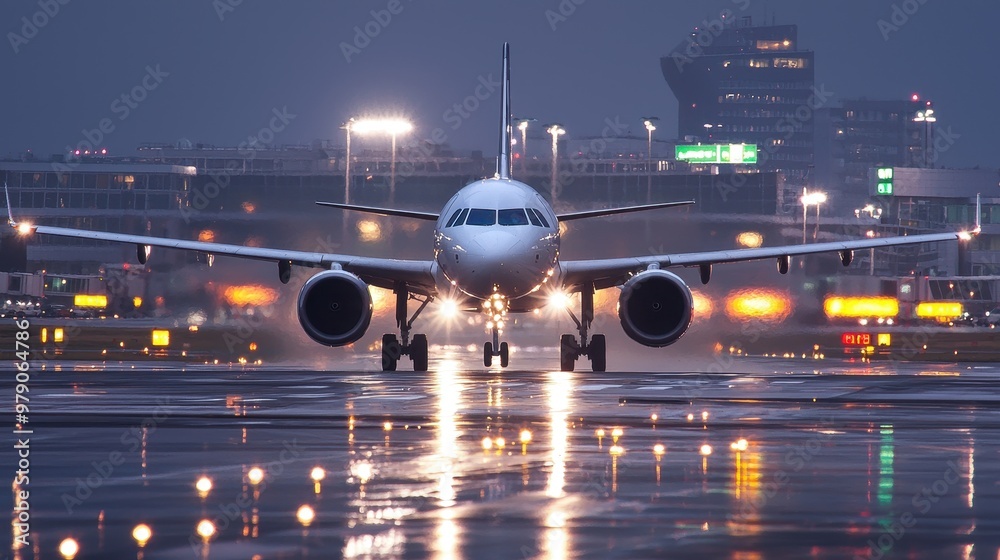 Airplane Taxiing on Runway at Night with Lights and Reflections Airplane Taxiing on Runway at Night with Lights and Reflections