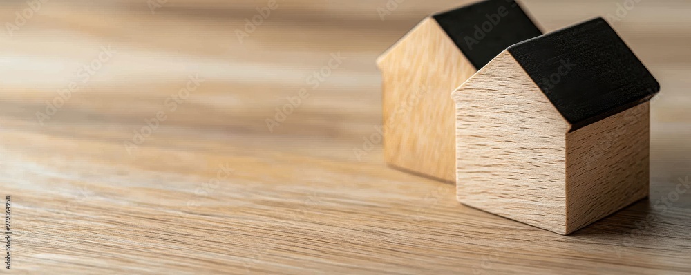 Two wooden house models on a smooth wooden surface, symbolizing home ownership and real estate investment. Two wooden house models on a smooth wooden surface, symbolizing home ownership and real estate investment.