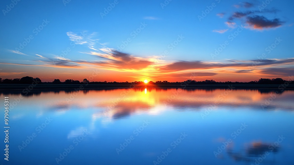 A vibrant sunrise over a still lake with a mirrored reflection of the sky. A vibrant sunrise over a still lake with a mirrored reflection of the sky.