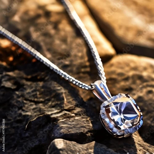 Diamond necklace close-up shot, on a stone. Beautiful and luxury natural gemstone pendant match to tiny silver necklace