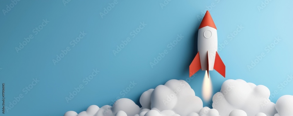 A vibrant rocket launching into a blue sky, surrounded by fluffy clouds, symbolizing adventure and innovation. A vibrant rocket launching into a blue sky, surrounded by fluffy clouds, symbolizing adventure and innovation.