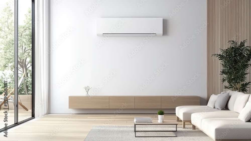 Fototapeta premium Modern Living Room with Air Conditioner Wooden Wall and Large Window