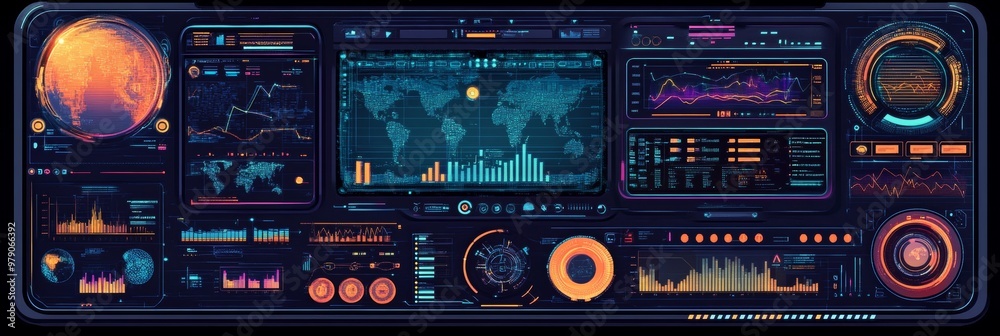 Futuristic Digital HUD Technology Interface for Business Communication and Innovation with World Map Futuristic Digital HUD Technology Interface for Business Communication and Innovation with World Map