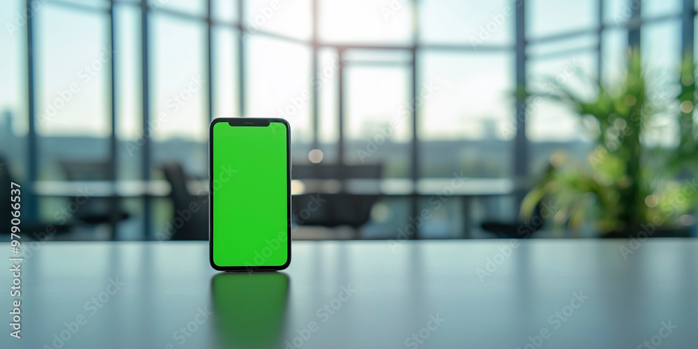 A modern office environment featuring a smartphone with green screen on a table against a panoramic window view A modern office environment featuring a smartphone with green screen on a table against a panoramic window view