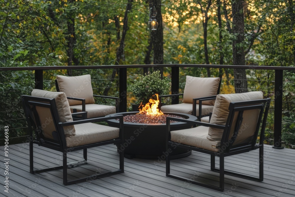 A five-piece patio furniture set with a fire pit, two swivel chairs, and a table with black metal frames and beige cushions, designed in modern outdoor style. A five-piece patio furniture set with a fire pit, two swivel chairs, and a table with black metal frames and beige cushions, designed in modern outdoor style.