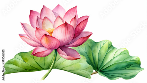 Delicate watercolor pink lotus flower with green leaf, lotus, flower, watercolor, delicate, pink, green, leaf, nature, beauty