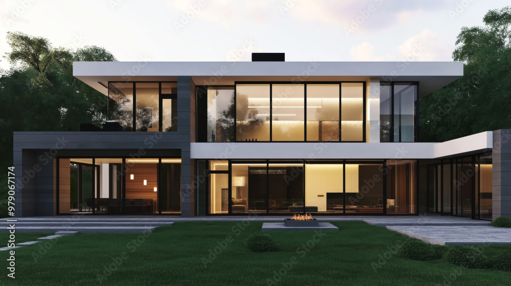 Modern two-story house with large glass windows, flat roof, and outdoor firepit set in a spacious green lawn. The structure features clean lines and contemporary design elements. Modern two-story house with large glass windows, flat roof, and outdoor firepit set in a spacious green lawn. The structure features clean lines and contemporary design elements.