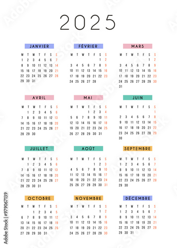 French calendar 2025 year. Vector stationery calendar week starts Monday. Yearly organizer in trendy colors. Simple calendar template in minimal design. Business illustration.