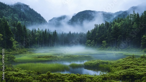 Misty Forest Landscape with a Tranquil Lake