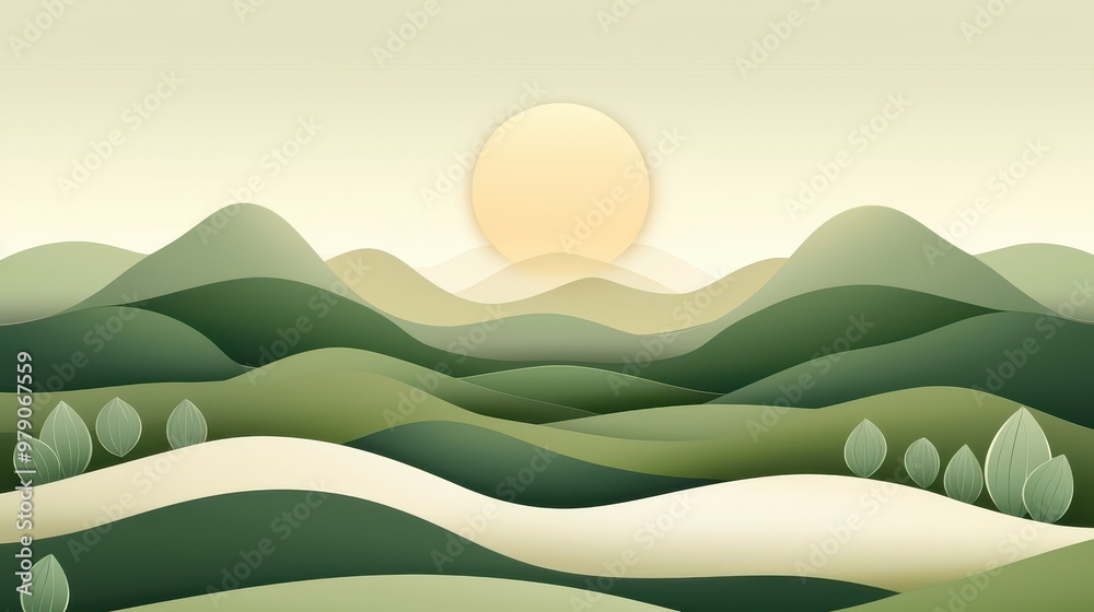 Abstract Paper Cut Landscape with Sunset Over Green Hills Abstract Paper Cut Landscape with Sunset Over Green Hills