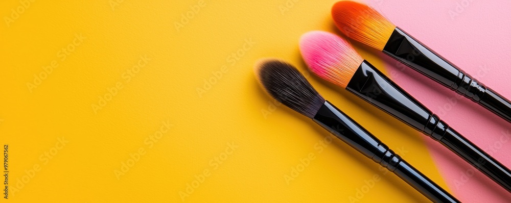 Colorful makeup brushes arranged on a vibrant background, perfect for any beauty or cosmetics project. Colorful makeup brushes arranged on a vibrant background, perfect for any beauty or cosmetics project.