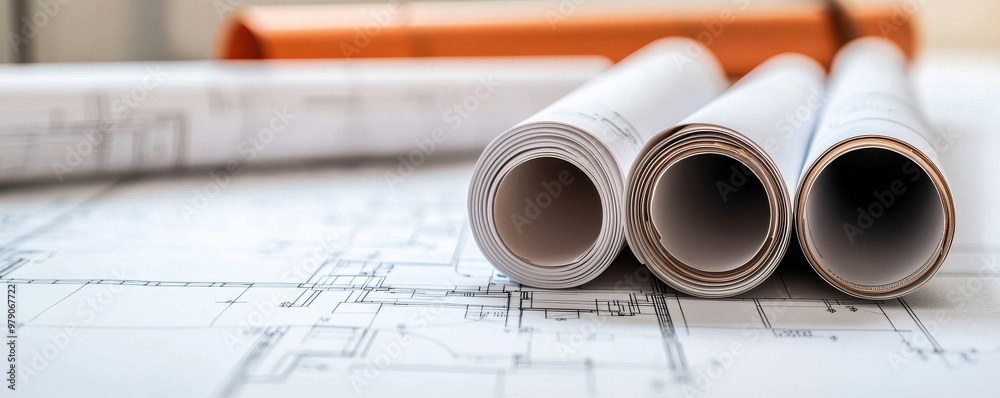 Detailed architectural blueprints rolled up, showcasing design elements ...
