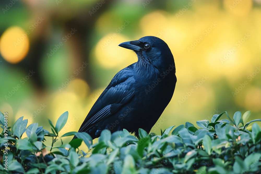 Obraz premium Glossy black raven with a green out of focus background