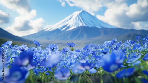 Realistic mountain fuji behind a field of blue flowers
 photo