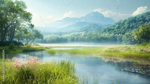 Serene Mountain Lake Landscape with Lush Greenery