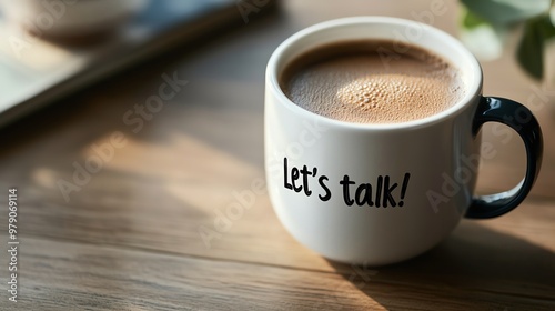 Close-up of a coffee mug with 'Let's talk!' text on a wooden table, inviting conversation, warm morning light, and relaxed atmosphere.