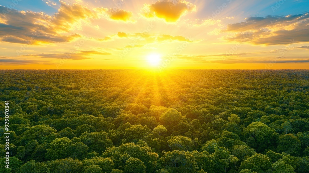 Aerial View of Forest Canopy at Sunset with Golden Sky Aerial View of Forest Canopy at Sunset with Golden Sky