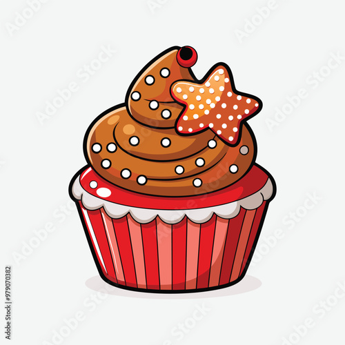  Christmas cupcake vector illustration combines cartoon style with line art. Ideal for holiday-themed designs, cards, apparel, and more. A sweet addition to seasonal projects.