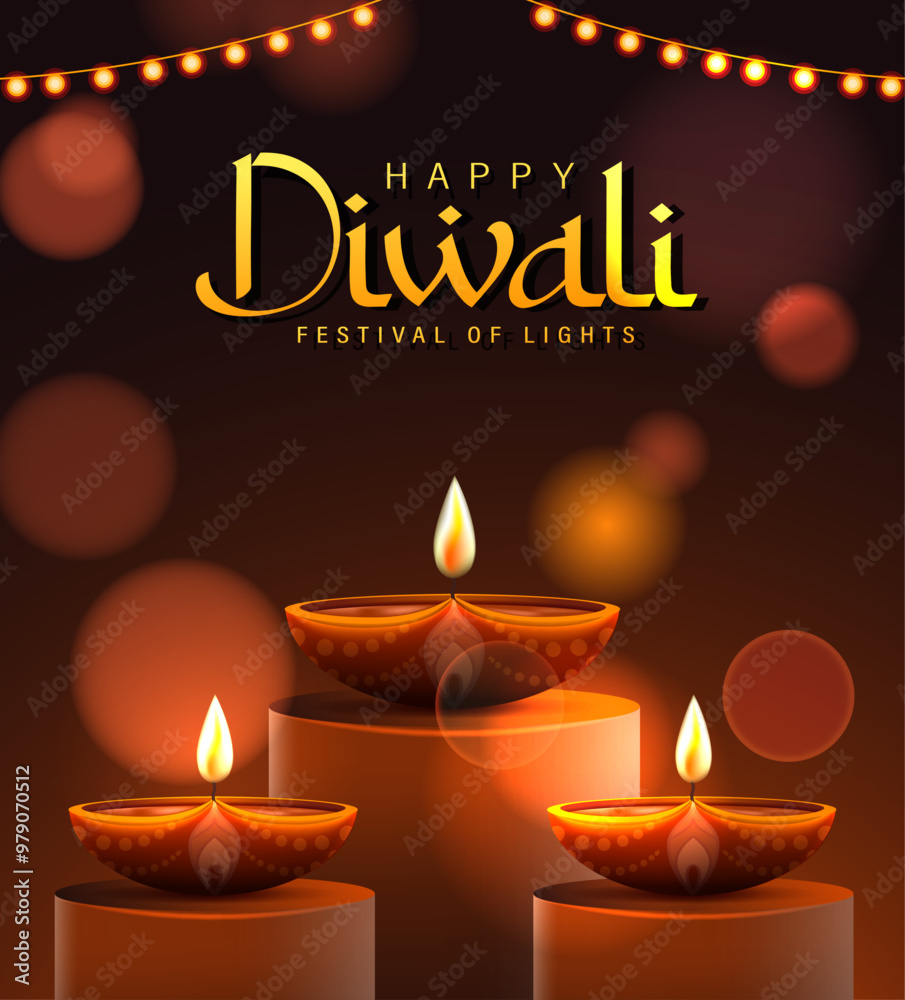 Happy Diwali Poster with Diya Lamp and Peacock Vector Illustration. Indian festival of lights Design. Suitable for Greeting Card, Banner, Flyer, Template.