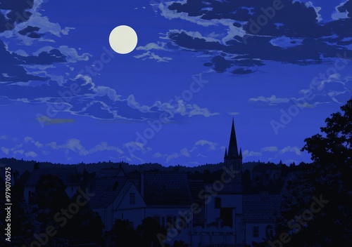 In this illustration you can see a fantasy night scape with lights, the sky with the moon and clouds on the background, and a medieval Gothic town draped with mystery and magic