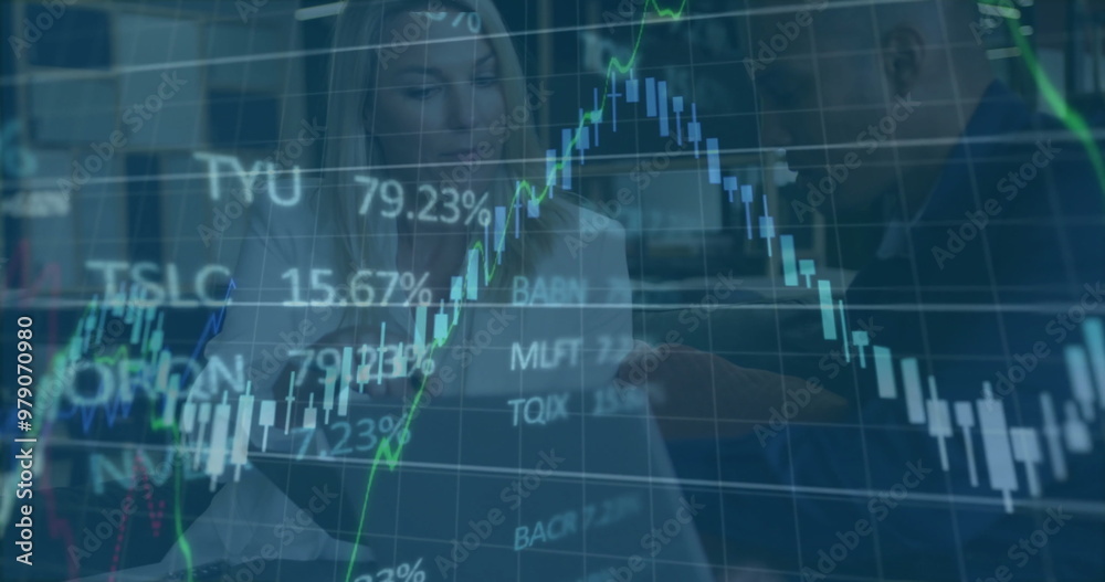 Image of financial data processing over diverse business people using laptop Image of financial data processing over diverse business people using laptop