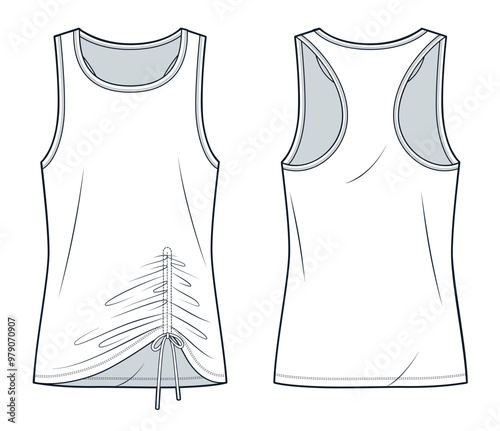 Tank Top technical fashion illustration. Draped Top fashion flat technical drawing template, crew neck, front and back view, white, women, men, unisex CAD mockup.