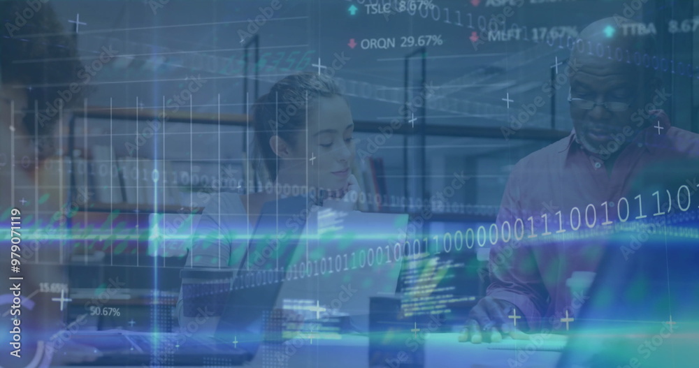 Image of financial data processing over diverse business people in office Image of financial data processing over diverse business people in office