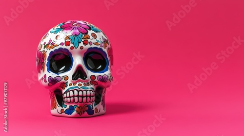 Traditional Calavera (Sugar Skull) for Dia de Los Muertos (Day of the dead), pink backdrop, copy space. Generative AI