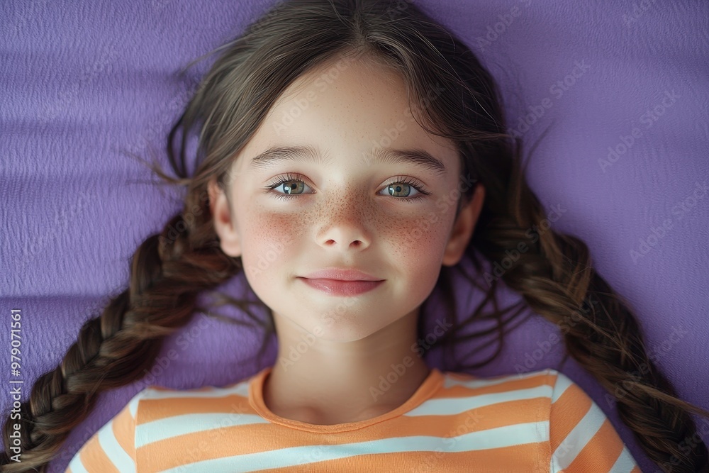 An isolated photo of a pretty little girl taking a selfie, putting her hair up and wearing a trendy red outfit on a purple background