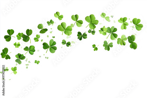 A swirl of four leaf clovers dancing gracefully in the air against a bright white background