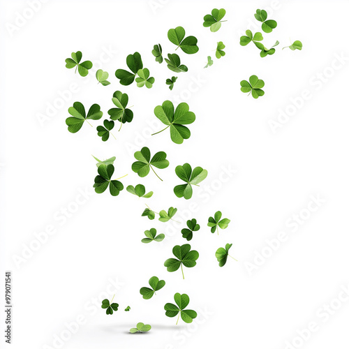 A swirl of four leaf clovers dancing gracefully in the air against a bright white background