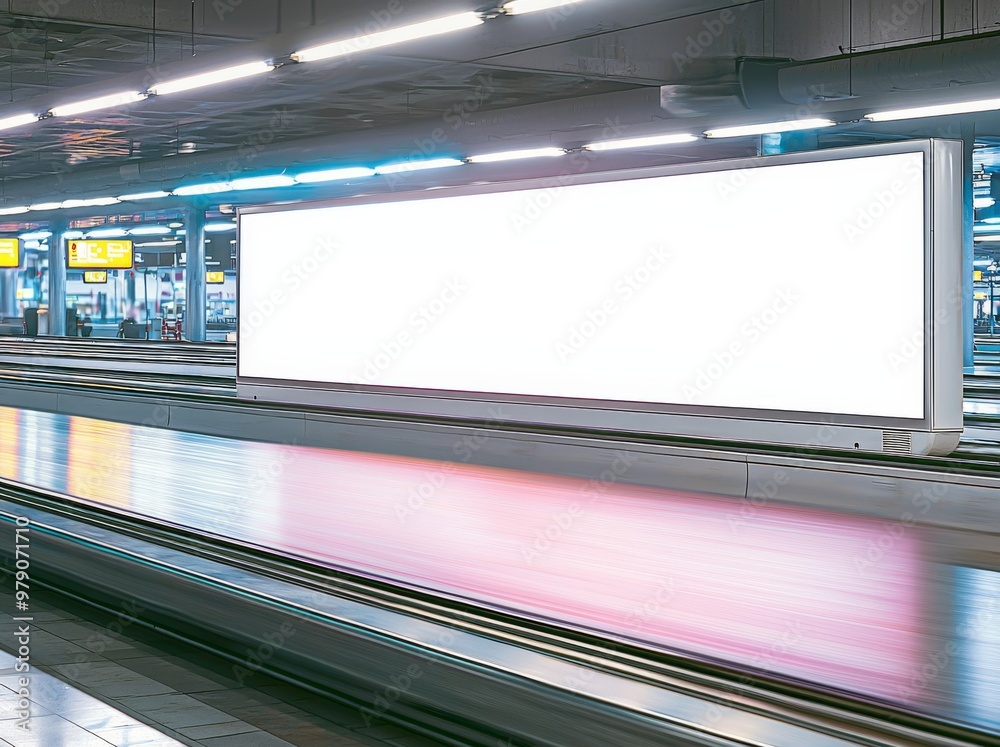A mock up of an airport luggage carousel conveyor with bags on the belt is shown on the signboard A mock up of an airport luggage carousel conveyor with bags on the belt is shown on the signboard