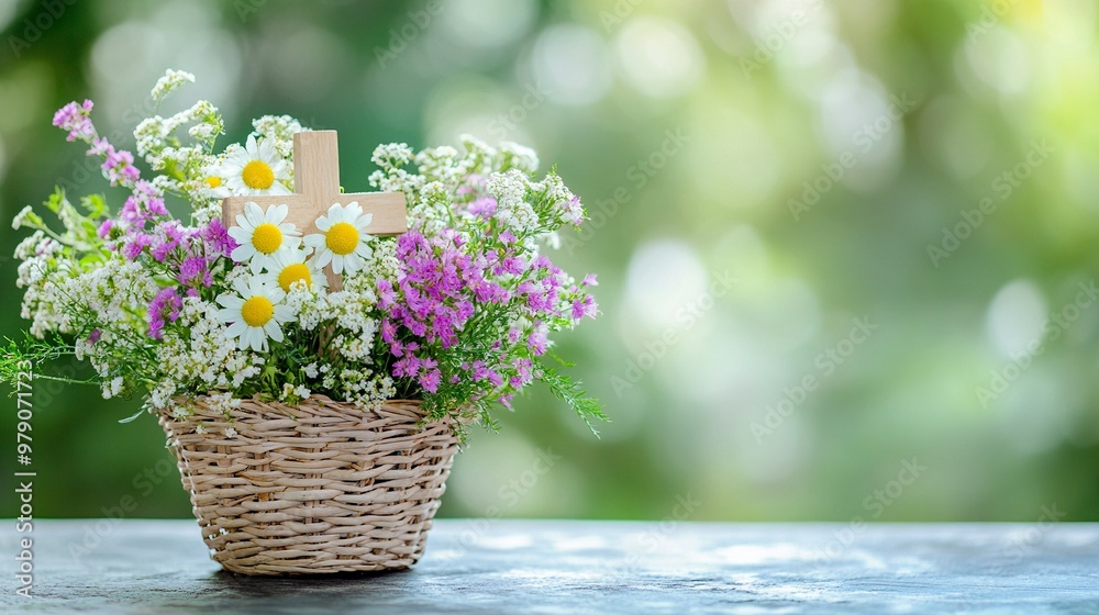 Christian cross and meadow flowers in wicker basket on table, natural background. Herbal consecration - traditional customs of August 15, day of the Assumption of Mary, generative ai