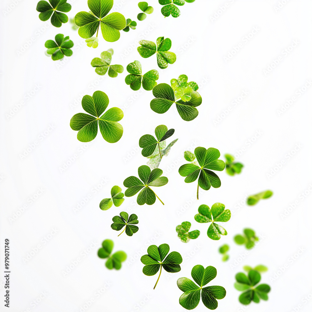A swirl of four leaf clovers dancing gracefully in the air against a bright white background A swirl of four leaf clovers dancing gracefully in the air against a bright white background