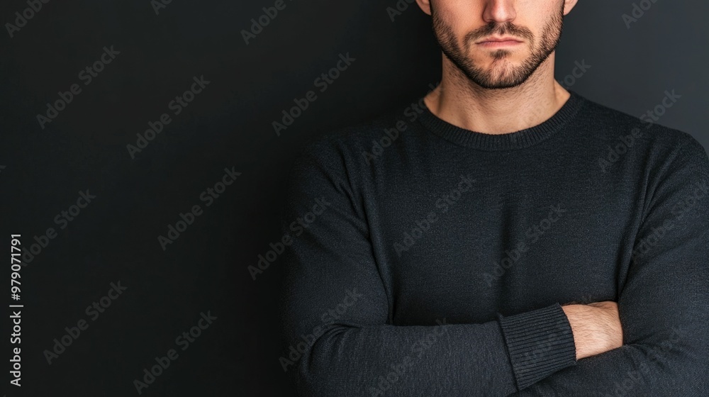 Portrait of a person with a deep scowl on their face arms tightly crossed across their chest conveying a strong sense of closed off body language in a moody Portrait of a person with a deep scowl on their face arms tightly crossed across their chest conveying a strong sense of closed off body language in a moody