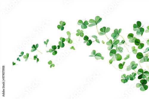 A swirl of four leaf clovers dancing gracefully in the air against a bright white background
