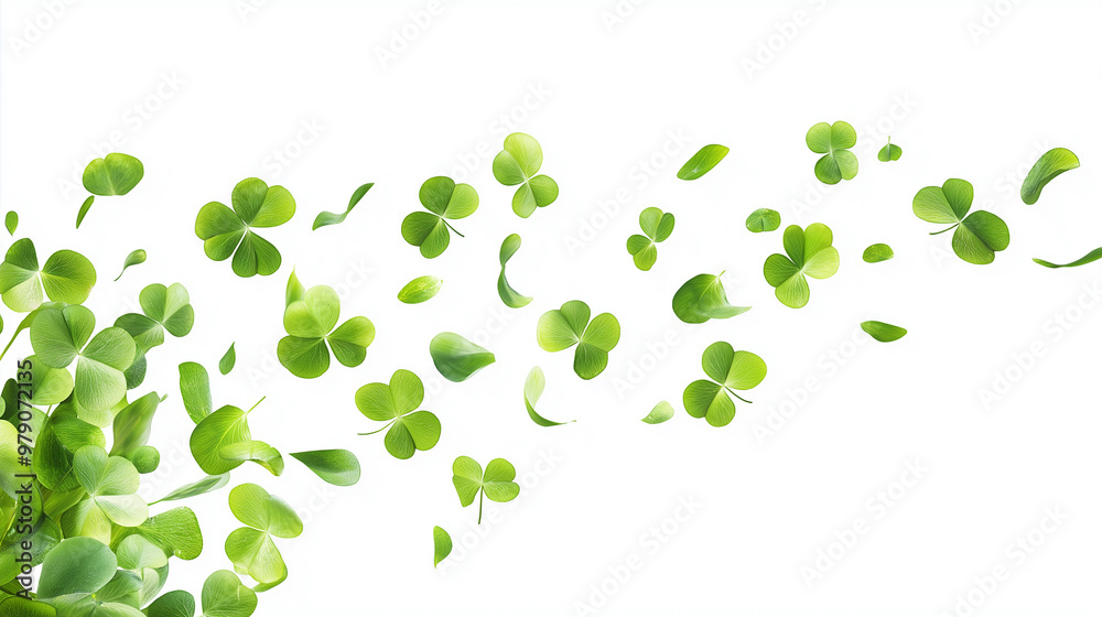 A swirl of four leaf clovers dancing gracefully in the air against a bright white background A swirl of four leaf clovers dancing gracefully in the air against a bright white background
