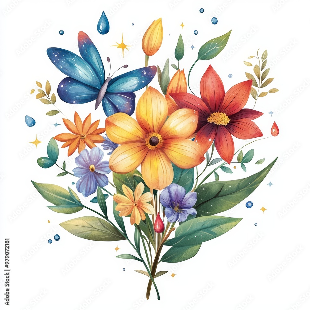 Illustrate a whimsical, enchanting fairy forest from a worms-eye view, showcasing vibrant, oversized flowers, enchanting fairies, and sparkling dew drops with a watercolor painting technique Illustrate a whimsical, enchanting fairy forest from a worms-eye view, showcasing vibrant, oversized flowers, enchanting fairies, and sparkling dew drops with a watercolor painting technique