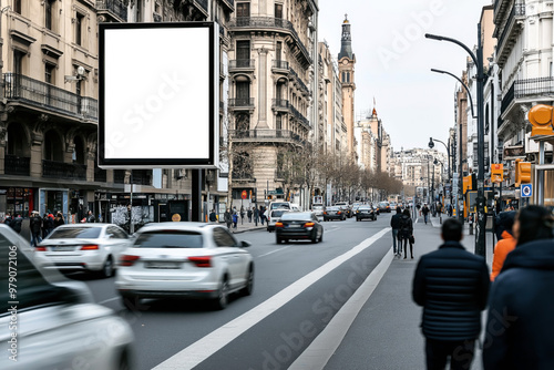 Urban street scene with a large blank billboard mockup in the foreground. The street is busy with cars and pedestrians, surrounded by historic buildings and shops.