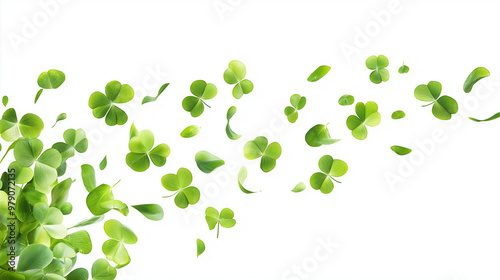 A swirl of four leaf clovers dancing gracefully in the air against a bright white background