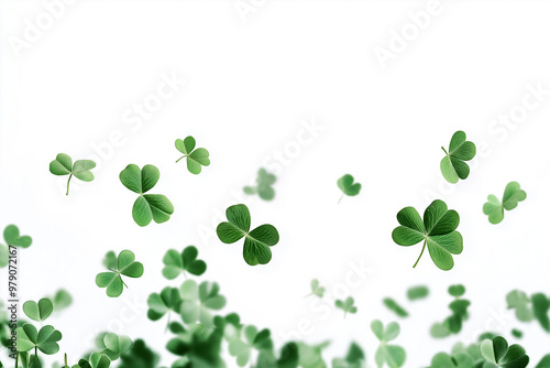 A swirl of four leaf clovers dancing gracefully in the air against a bright white background