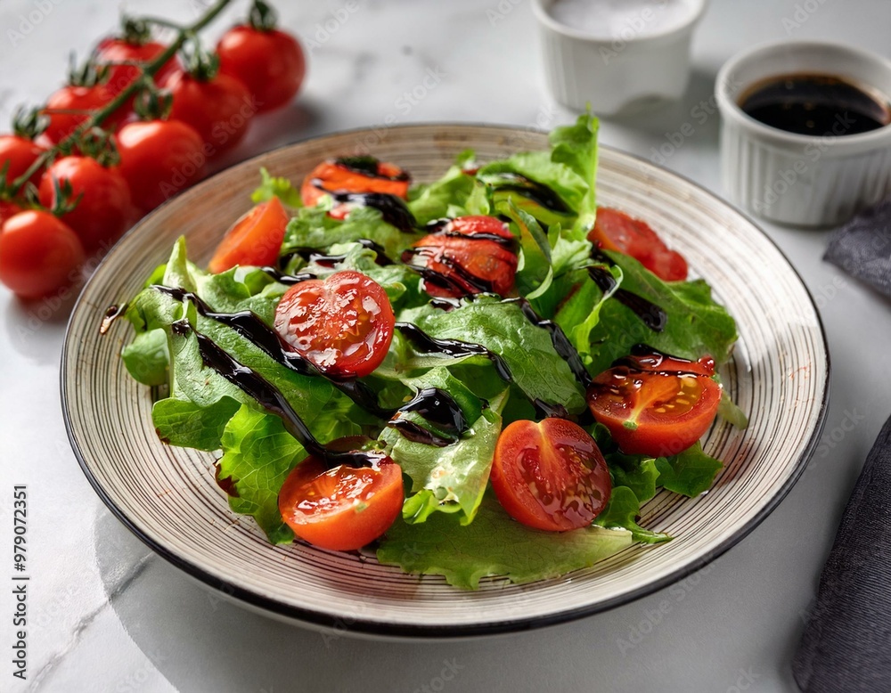 Fresh green salad with cherry tomatoes and balsamic glaze on a marble table Fresh green salad with cherry tomatoes and balsamic glaze on a marble table