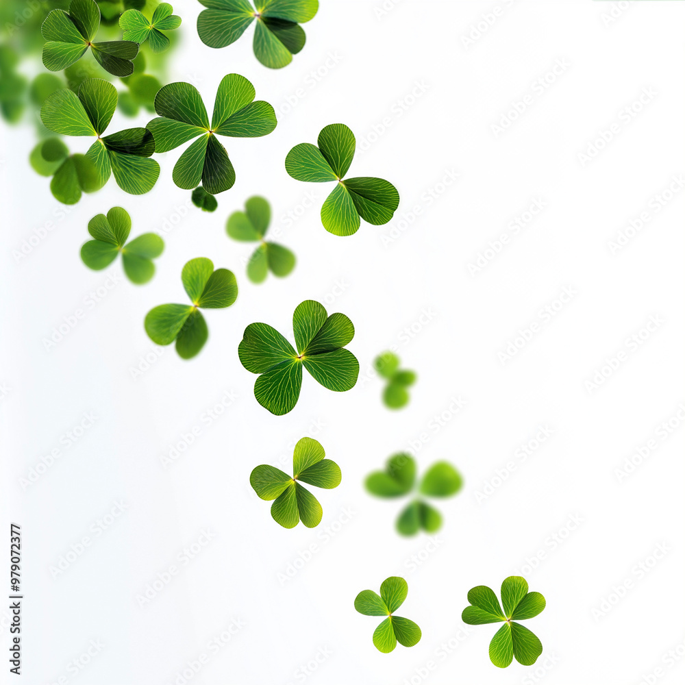 A swirl of four leaf clovers dancing gracefully in the air against a bright white background A swirl of four leaf clovers dancing gracefully in the air against a bright white background